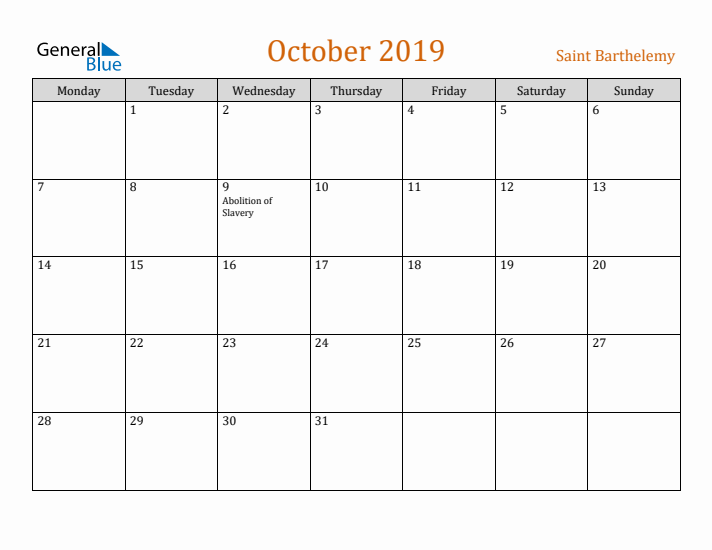 October 2019 Holiday Calendar with Monday Start