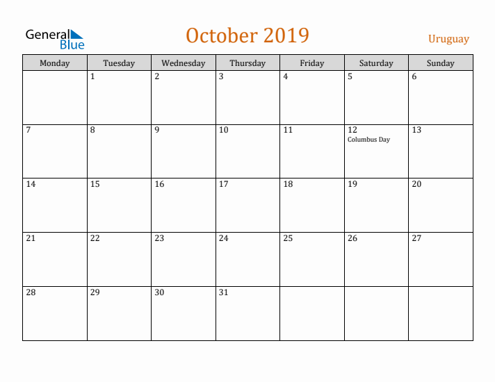 October 2019 Holiday Calendar with Monday Start
