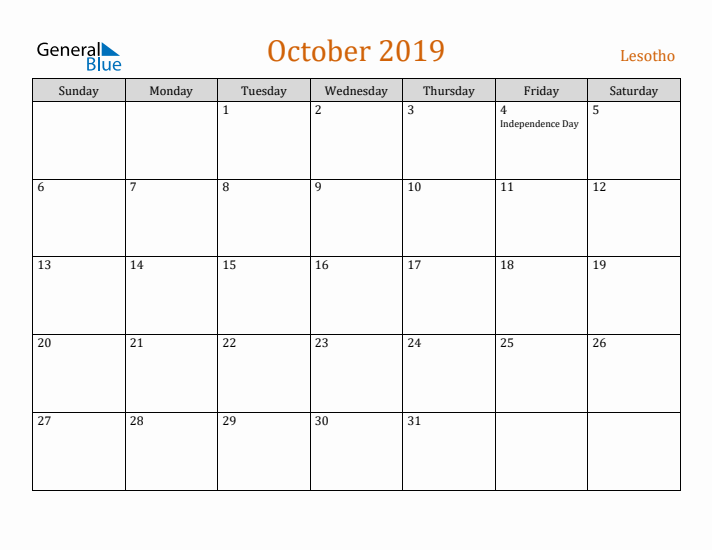 October 2019 Holiday Calendar with Sunday Start