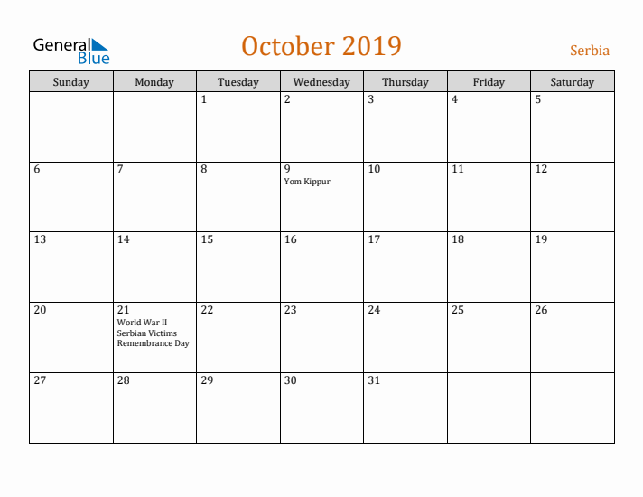 October 2019 Holiday Calendar with Sunday Start