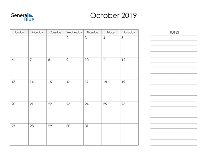 October 2019 Calendar (PDF Word Excel)