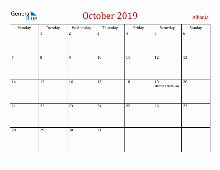 Albania October 2019 Calendar - Monday Start