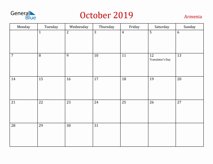 Armenia October 2019 Calendar - Monday Start