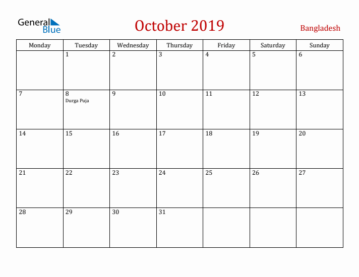 Bangladesh October 2019 Calendar - Monday Start