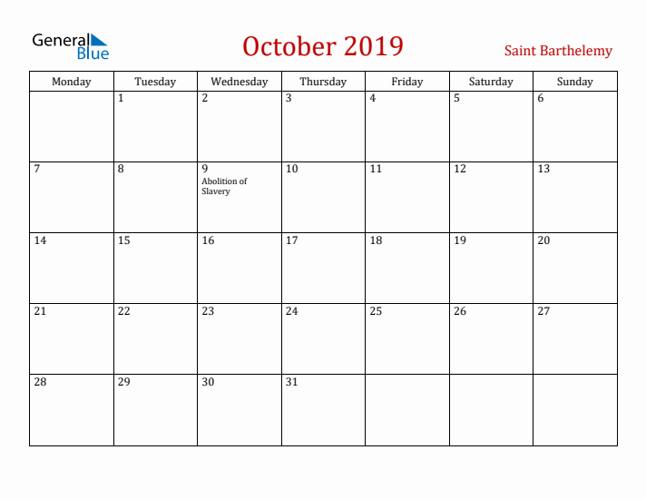 Saint Barthelemy October 2019 Calendar - Monday Start
