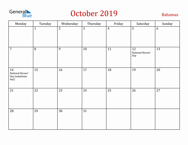 Bahamas October 2019 Calendar - Monday Start