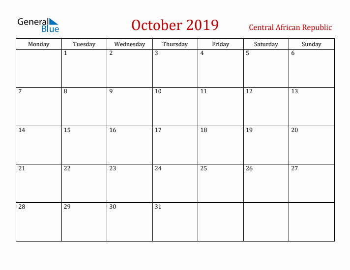 Central African Republic October 2019 Calendar - Monday Start