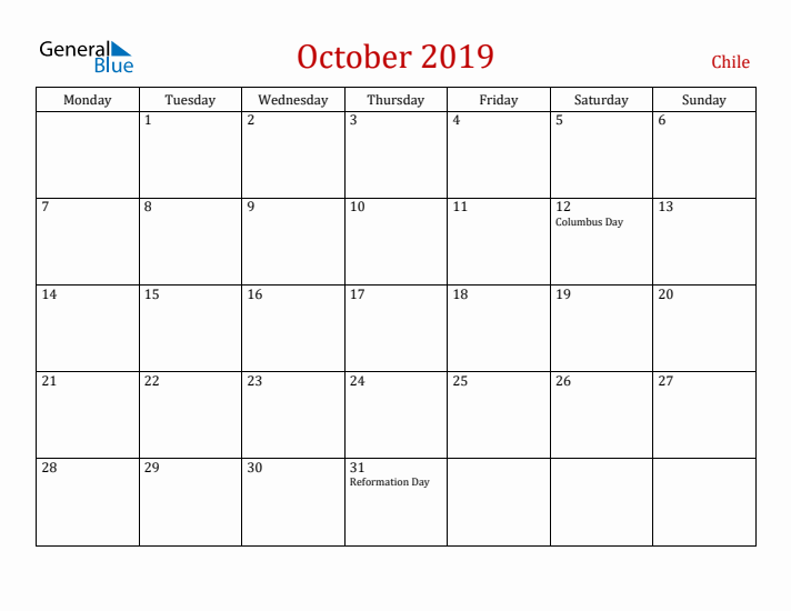 Chile October 2019 Calendar - Monday Start