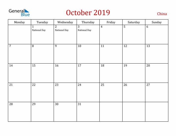 China October 2019 Calendar - Monday Start