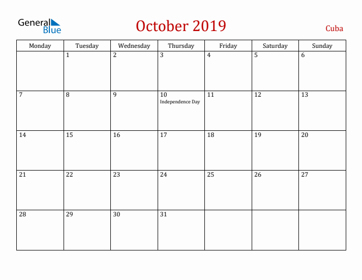 Cuba October 2019 Calendar - Monday Start