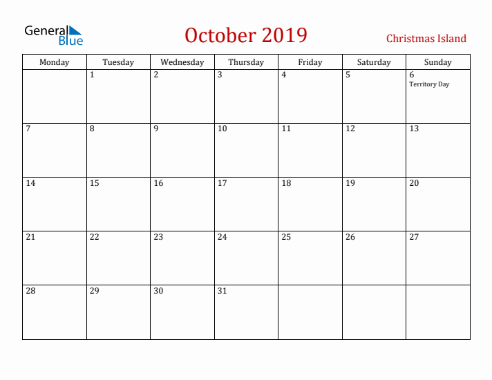 Christmas Island October 2019 Calendar - Monday Start