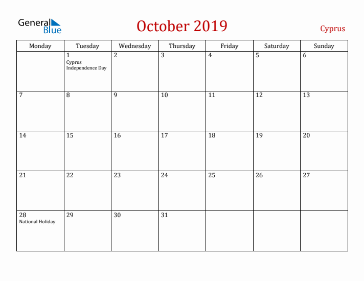 Cyprus October 2019 Calendar - Monday Start