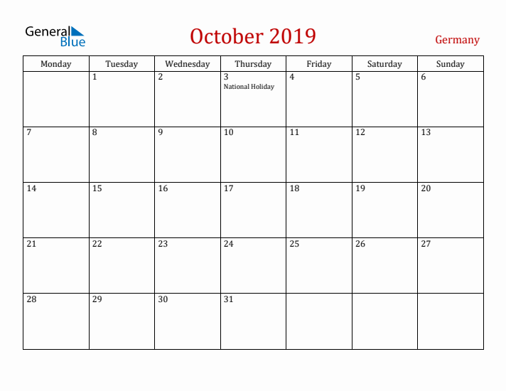 Germany October 2019 Calendar - Monday Start
