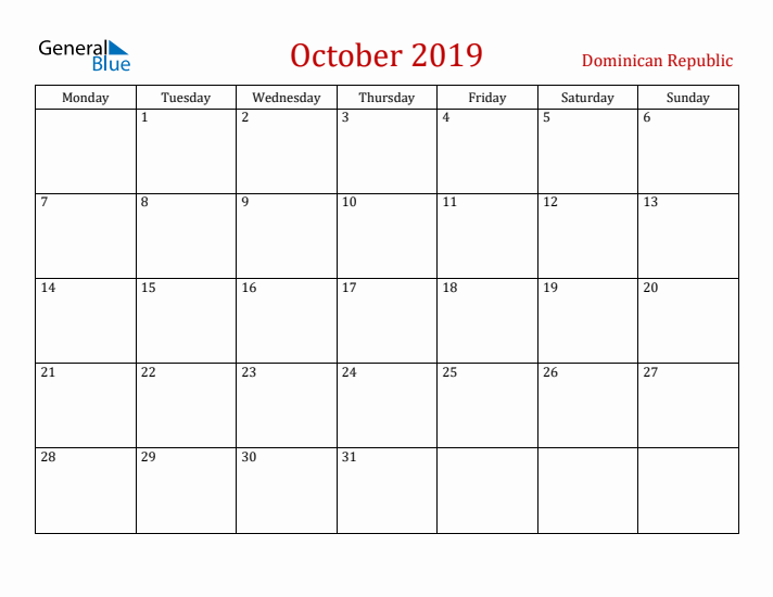 Dominican Republic October 2019 Calendar - Monday Start