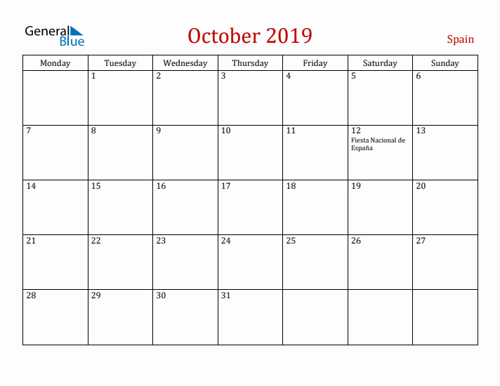 Spain October 2019 Calendar - Monday Start