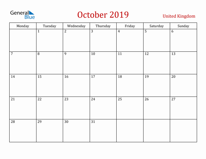United Kingdom October 2019 Calendar - Monday Start