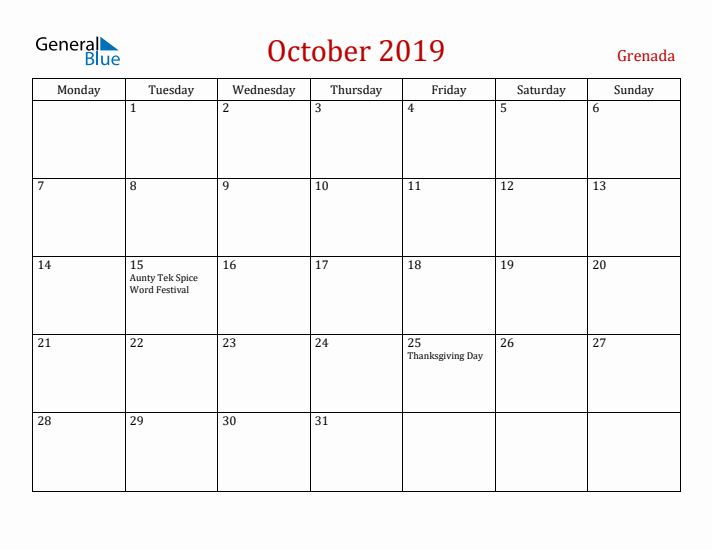 Grenada October 2019 Calendar - Monday Start