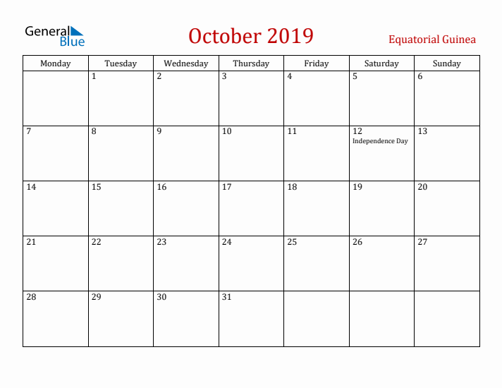 Equatorial Guinea October 2019 Calendar - Monday Start