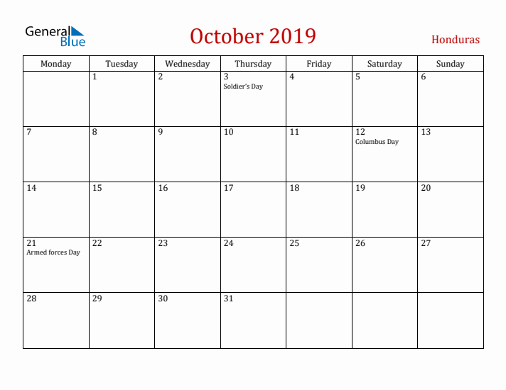 Honduras October 2019 Calendar - Monday Start