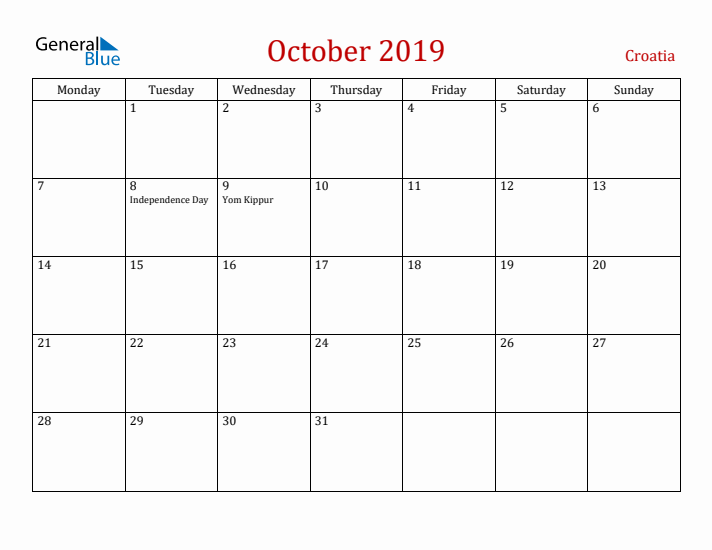 Croatia October 2019 Calendar - Monday Start