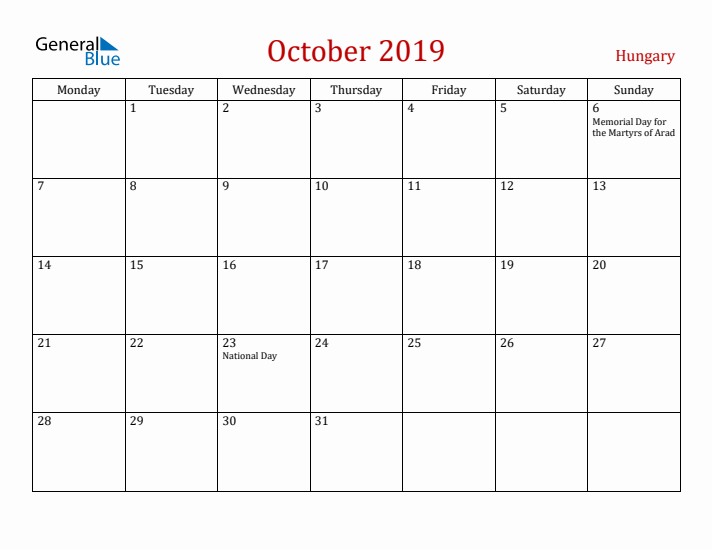 Hungary October 2019 Calendar - Monday Start