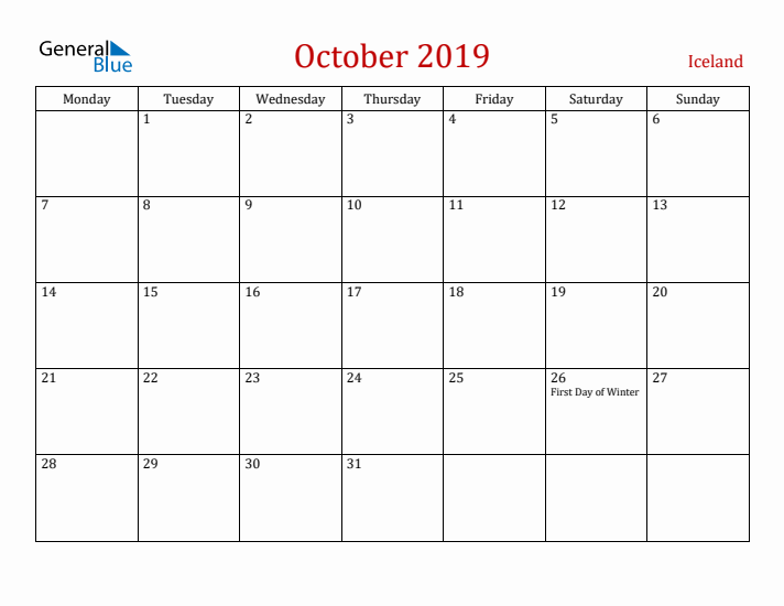 Iceland October 2019 Calendar - Monday Start
