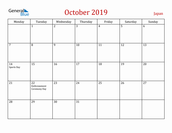 Japan October 2019 Calendar - Monday Start