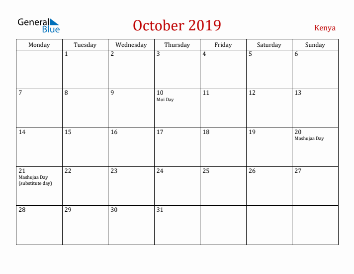 Kenya October 2019 Calendar - Monday Start