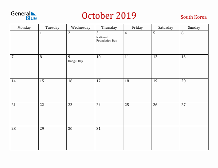 South Korea October 2019 Calendar - Monday Start