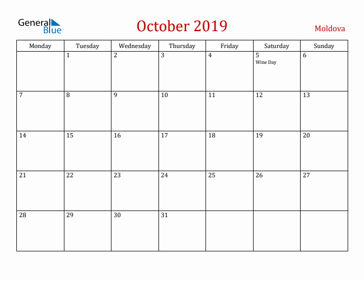 Moldova October 2019 Calendar - Monday Start