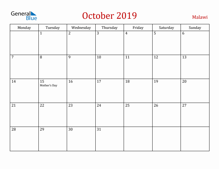 Malawi October 2019 Calendar - Monday Start