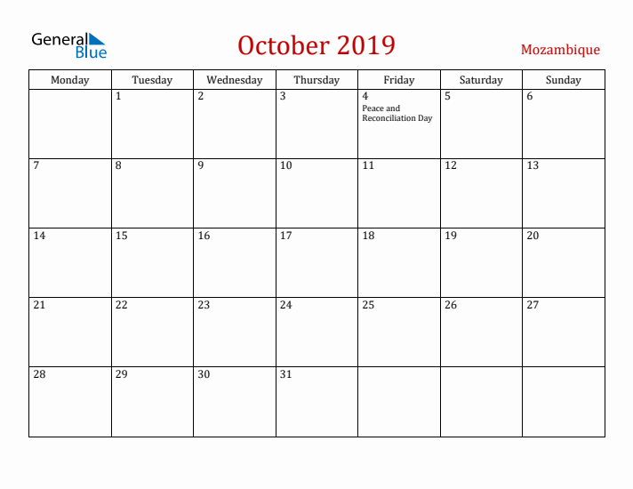 Mozambique October 2019 Calendar - Monday Start