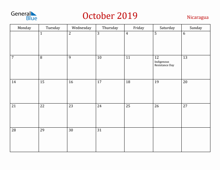 Nicaragua October 2019 Calendar - Monday Start