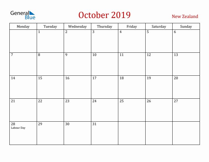 New Zealand October 2019 Calendar - Monday Start