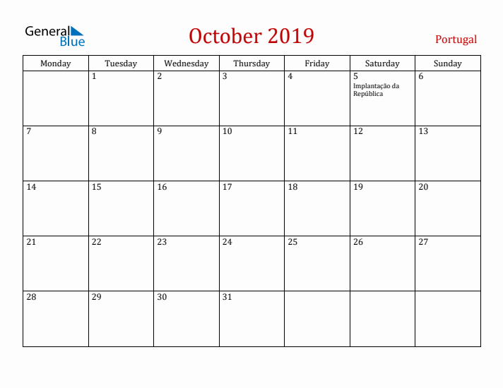 Portugal October 2019 Calendar - Monday Start