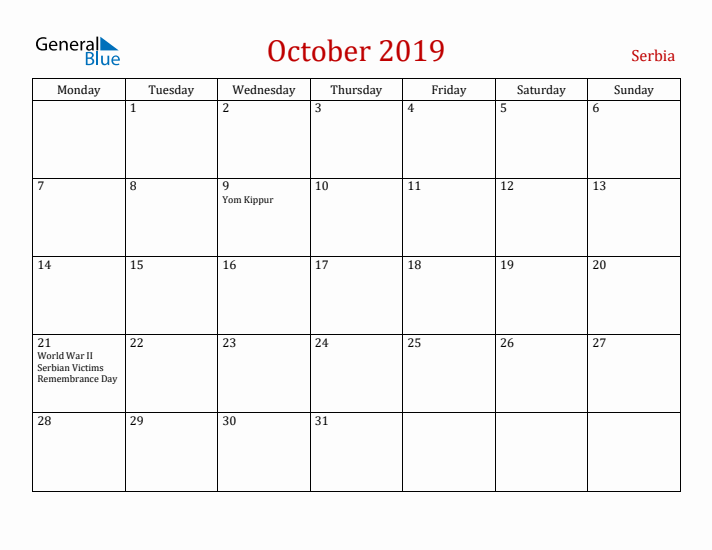 Serbia October 2019 Calendar - Monday Start