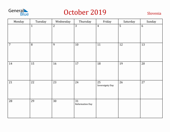 Slovenia October 2019 Calendar - Monday Start