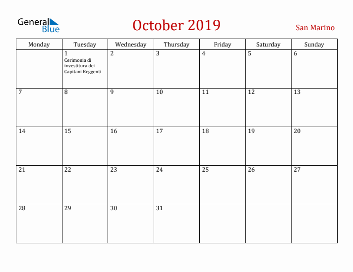 San Marino October 2019 Calendar - Monday Start