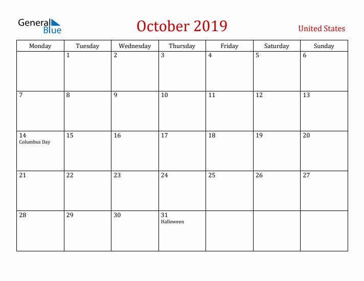 United States October 2019 Calendar - Monday Start