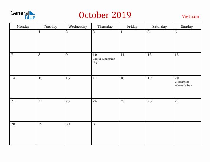 Vietnam October 2019 Calendar - Monday Start