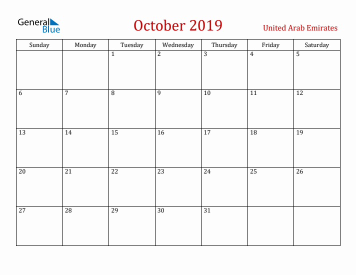 United Arab Emirates October 2019 Calendar - Sunday Start