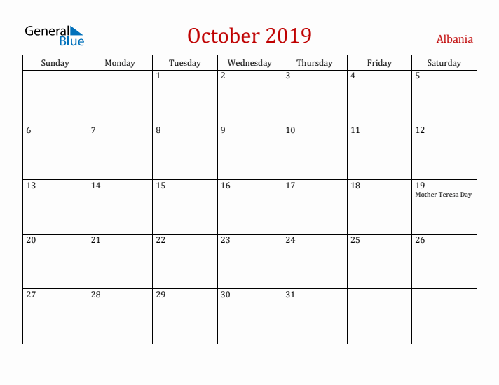 Albania October 2019 Calendar - Sunday Start
