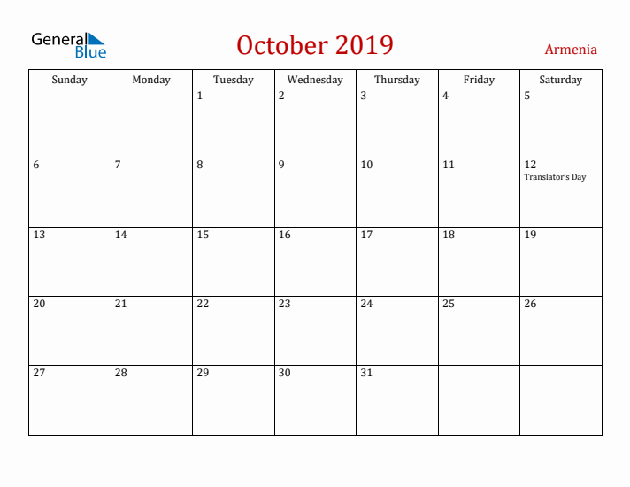 Armenia October 2019 Calendar - Sunday Start