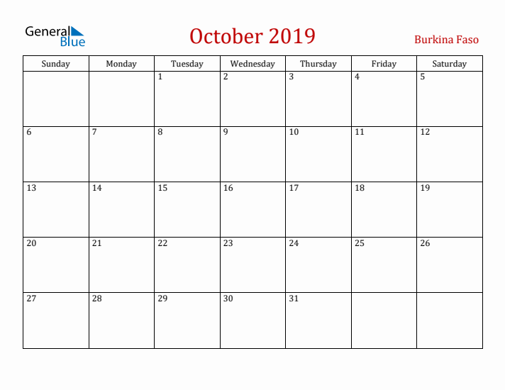 Burkina Faso October 2019 Calendar - Sunday Start