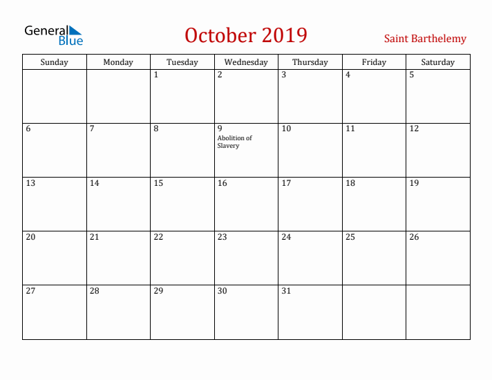 Saint Barthelemy October 2019 Calendar - Sunday Start