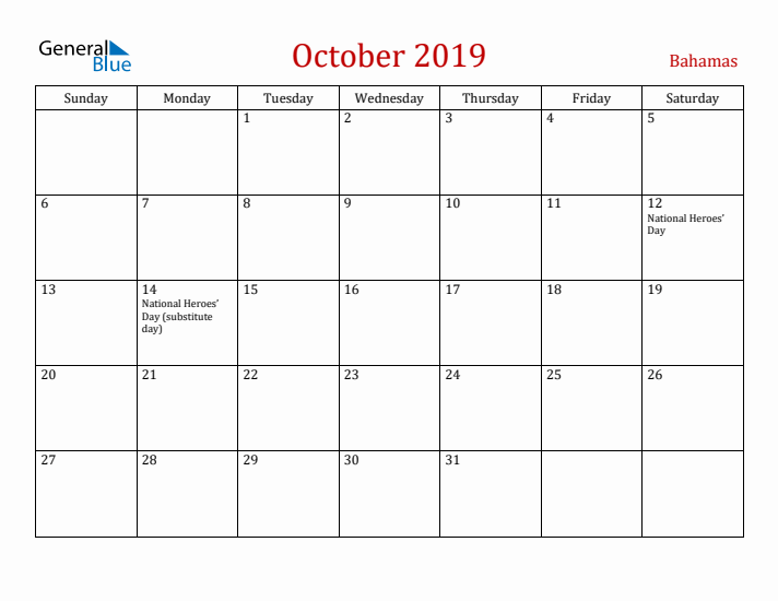 Bahamas October 2019 Calendar - Sunday Start