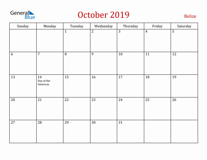 Belize October 2019 Calendar - Sunday Start