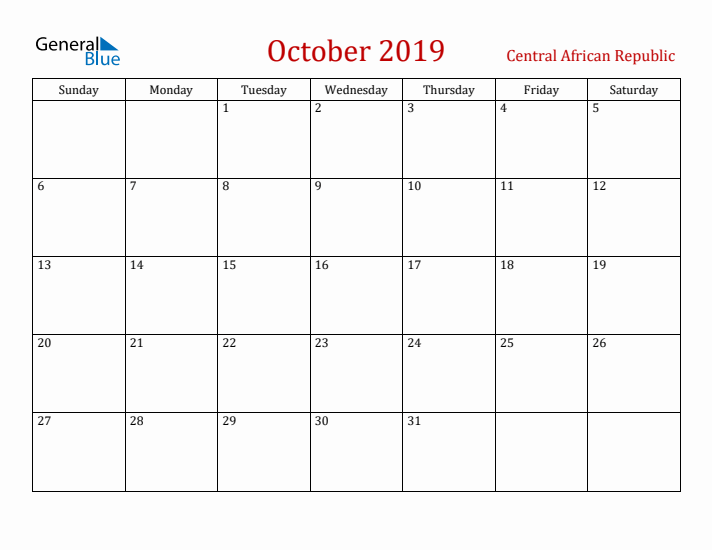 Central African Republic October 2019 Calendar - Sunday Start