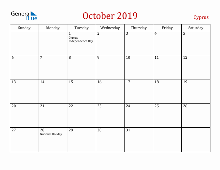 Cyprus October 2019 Calendar - Sunday Start