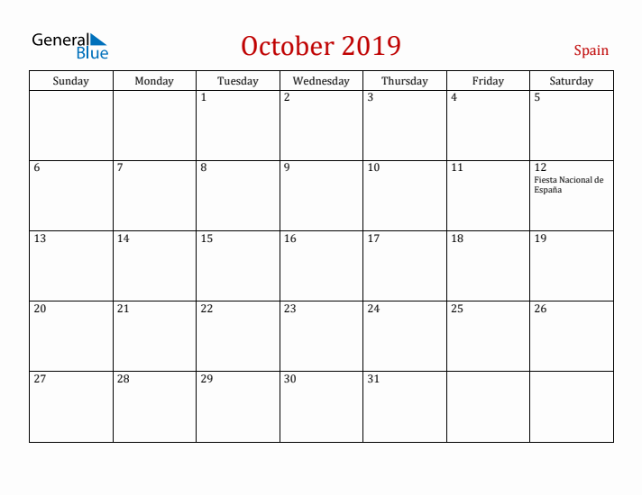 Spain October 2019 Calendar - Sunday Start